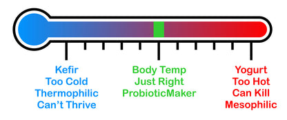 The probiotic maker targets the perfect temperature for both thermophilic (yogurt) and mesophilic (kefir) probiotics.